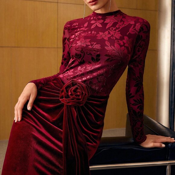 Burgundy Elegant Women's Jacquard Floral Decor Velvet Maxi Dress - Picture 6 of 6